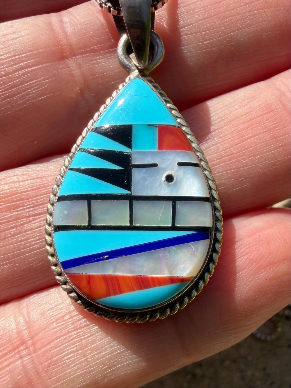 Vintage, Turquoise Inlay Teardrop Pendant : Hallmarked RM & Sterling